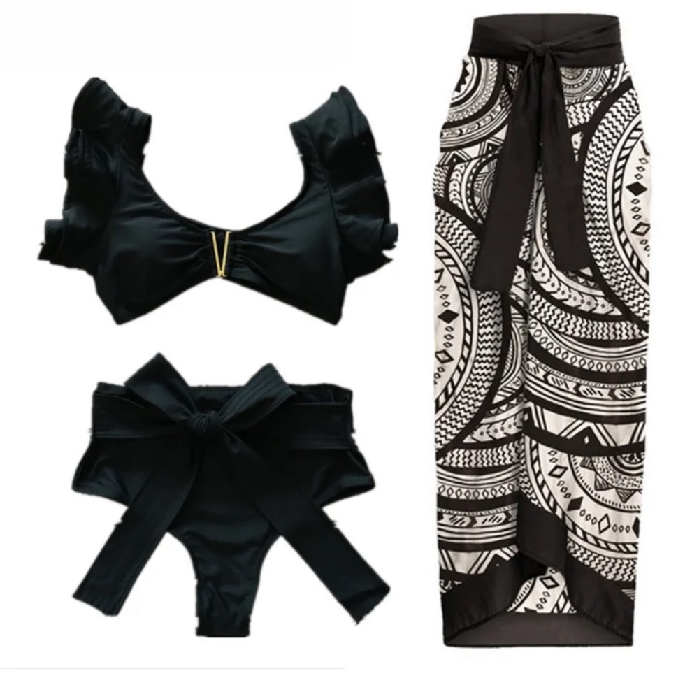 Three piece set ruffle swimsuit set tribal wrap skirt, Size Medium
